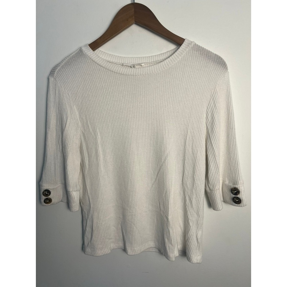 June &‎ Hudson LG Ivory Ribbed 3/4 Sleeve Top Button Cuff Minimalist Boho Basic